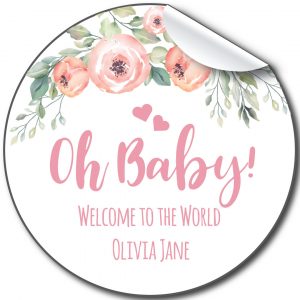 personalised-baby-shower-stickers-oh-baby-florals and hearts