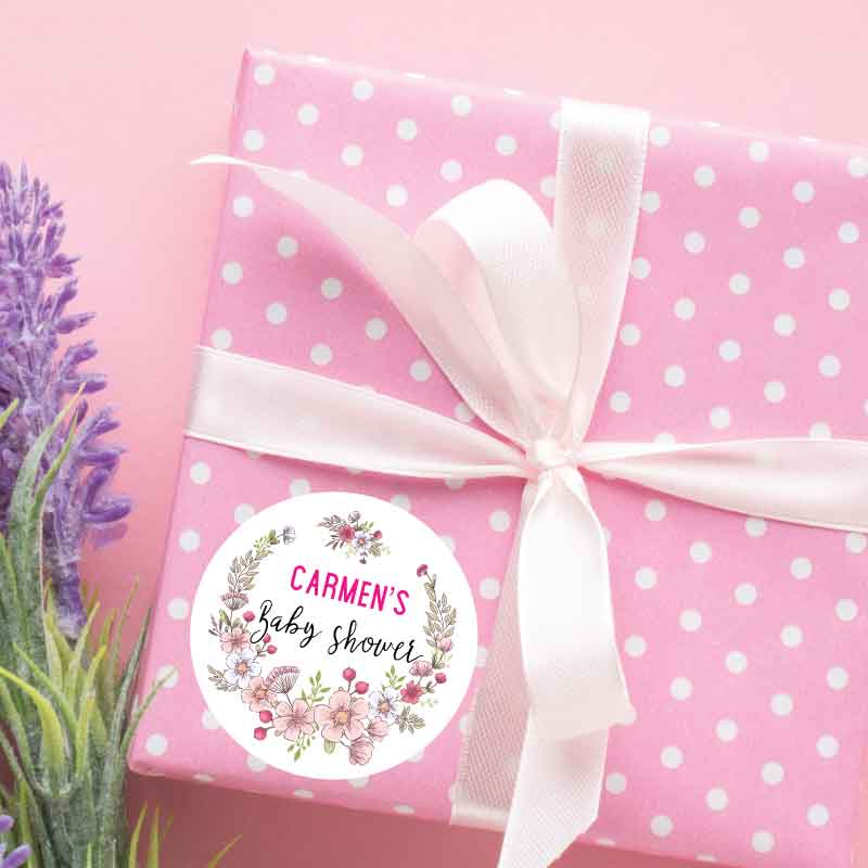 Baby-shower-personalised-stickers-floral-wreath