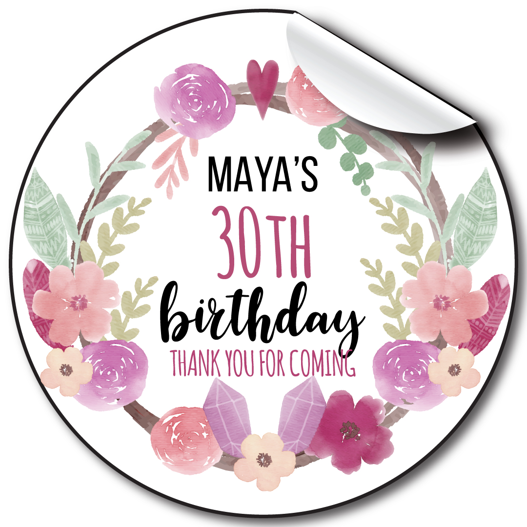 Floral wreath Birthday Party Stickers,personalised