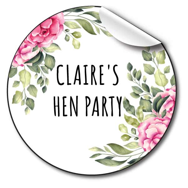 Hen-Party-Personalised-Stickers,Pink-Floral-&-foliage