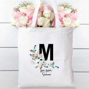 Tote Bag Letter and Floral, Natural cotton