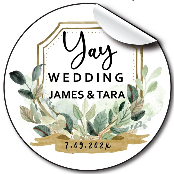 Green Badge Wedding day stickers, personalised labels
