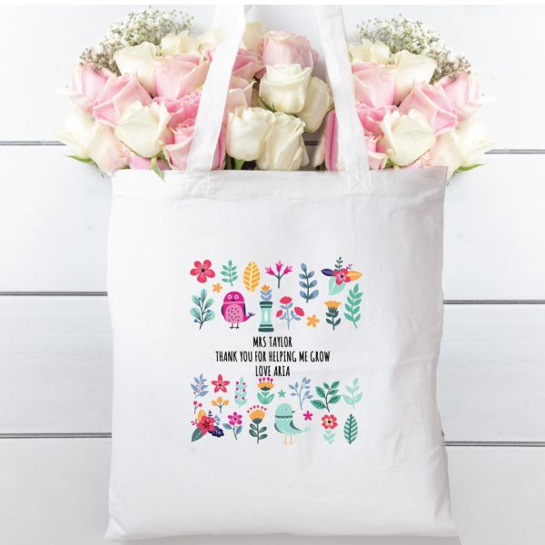 Tote bag teacher flower and birds, 100% cotton bag