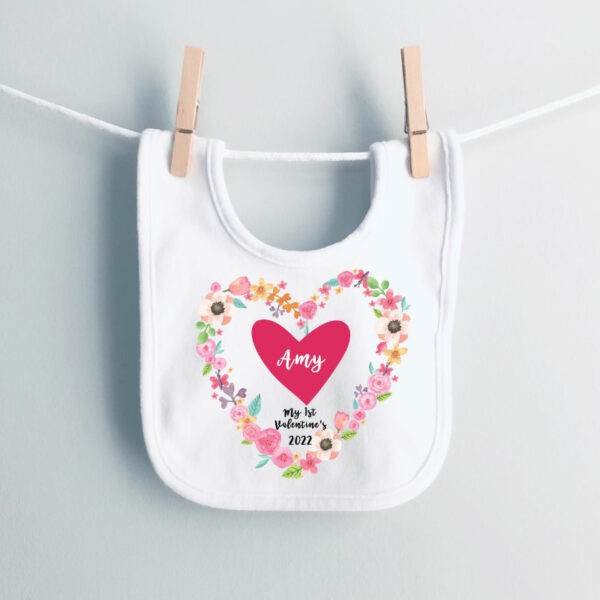 My 1st Valentine's bib personalised with floral heart design solid heart centre with customised name