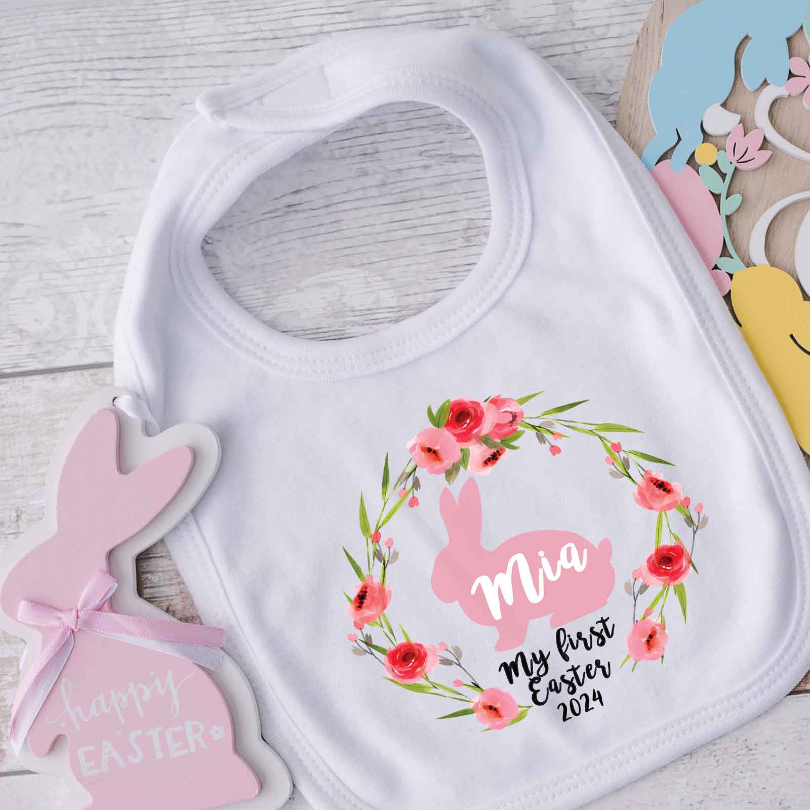Personalised-Easter-Baby-Bibs-floral-and-rabbit