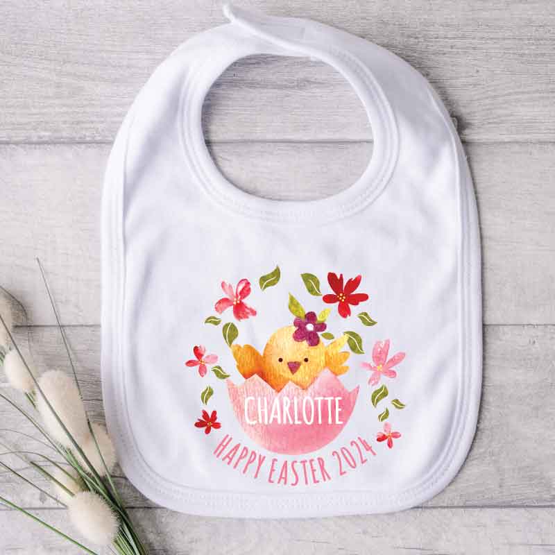 Personalised-baby-Bib-Easter-Chick-and-florals