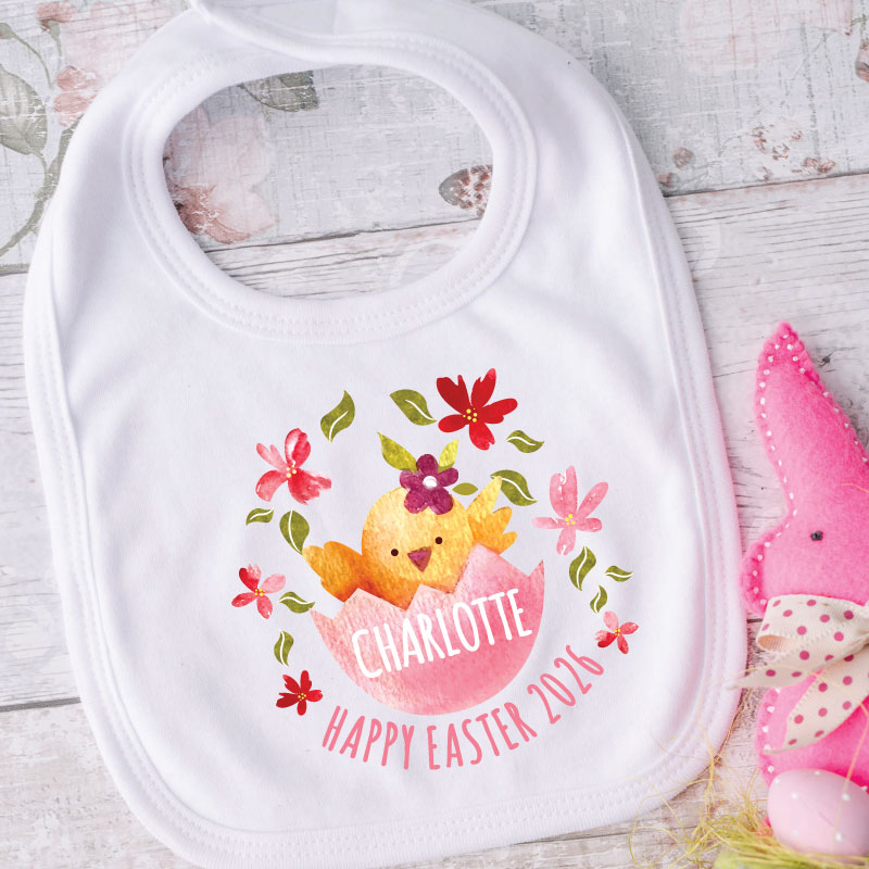 personalised-baby-Bib-Easter-Chick-and-florals